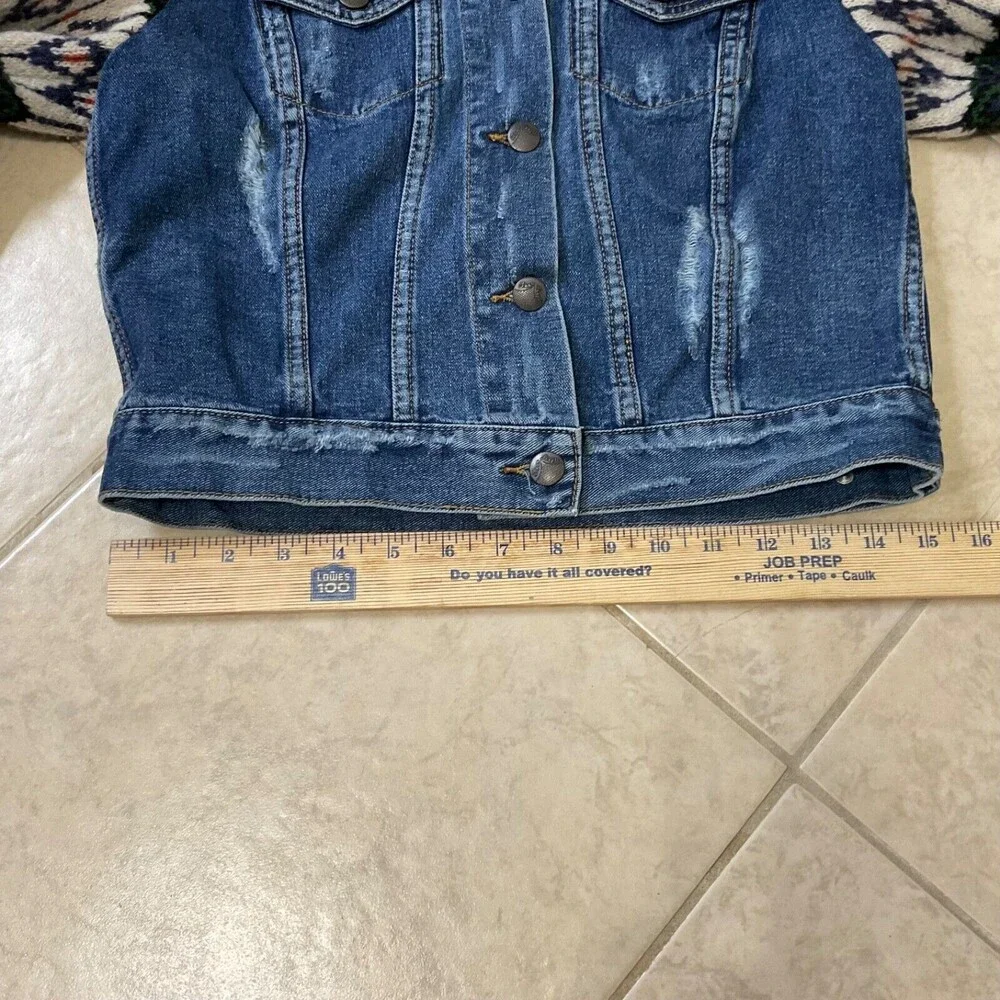 Free People Denim Jacket womens sz. XS Nordic wool Sweater Sleeves Distressed